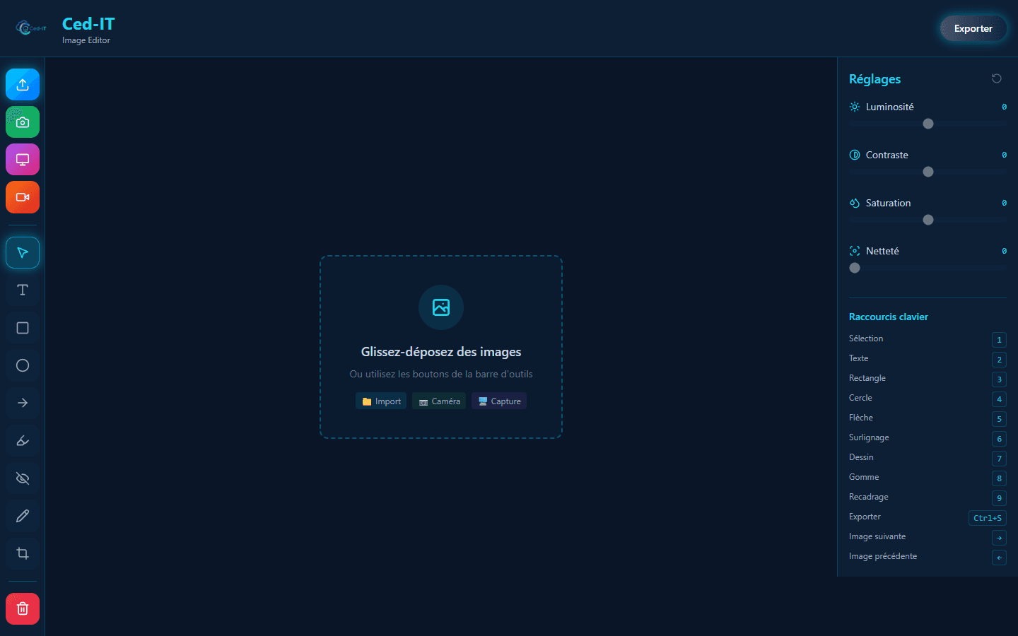 Vue d'ensemble — barre d'outils gauche, zone de travail canvas et panneau de configuration droite