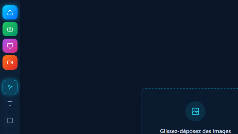 Import et outils — chargez via fichier, webcam ou capture d'ecran ; 9 outils d'annotation accessibles