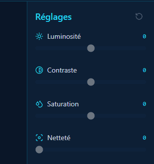 Reglages image — ajustez luminosite, contraste, saturation et nettete en temps reel
