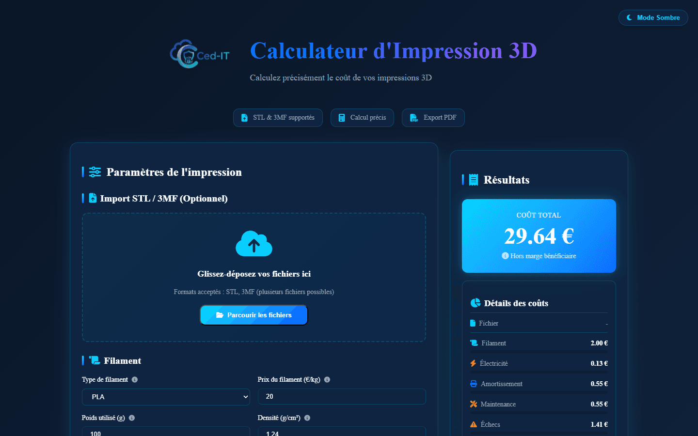 Formulaire principal — import STL/3MF, parametres filament PLA et resultats instantanes (29.64€)