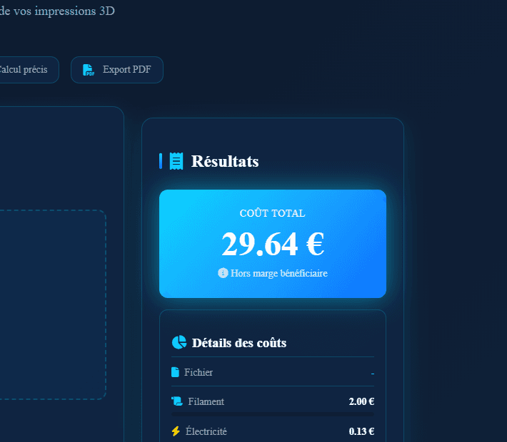 Panneau Resultats — cout total mis en valeur avec detail ligne par ligne : filament, electricite, echecs...