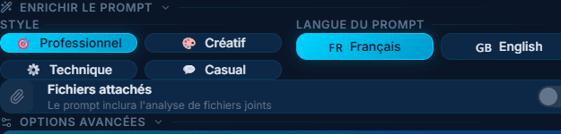 Style et langue — 4 styles (Professionnel, Creatif, Technique, Casual), choix FR/EN, fichiers joints