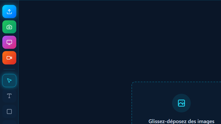Import et outils — chargez via fichier, webcam ou capture d'ecran ; 9 outils d'annotation accessibles