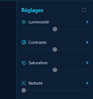 Reglages image — ajustez luminosite, contraste, saturation et nettete en temps reel