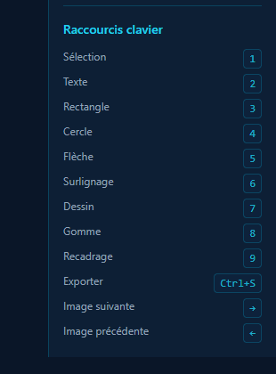 Raccourcis clavier — acces instantane aux 9 outils (touches 1-9), navigation et export Ctrl+S