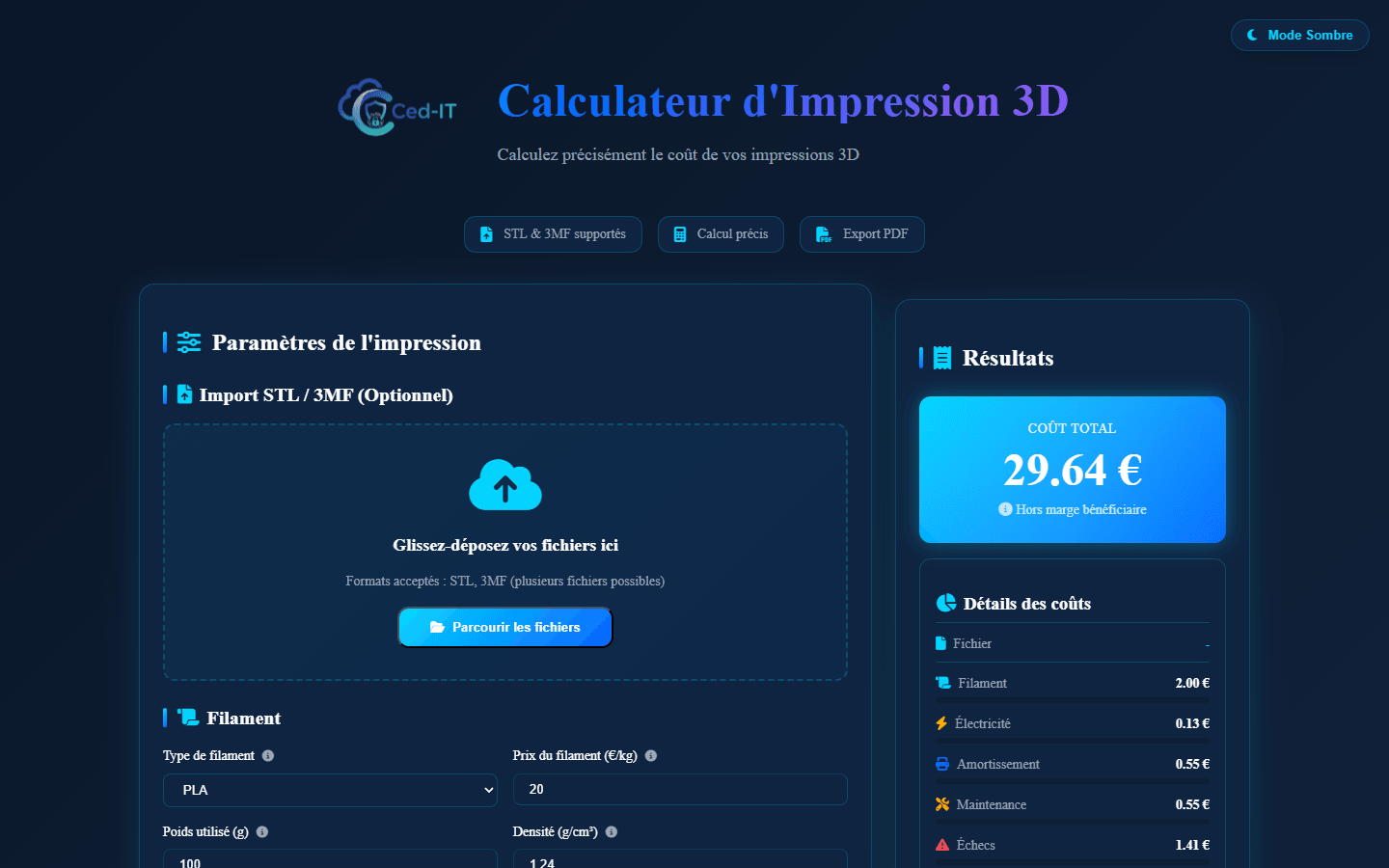 Formulaire principal — import STL/3MF, parametres filament PLA et resultats instantanes (29.64€)