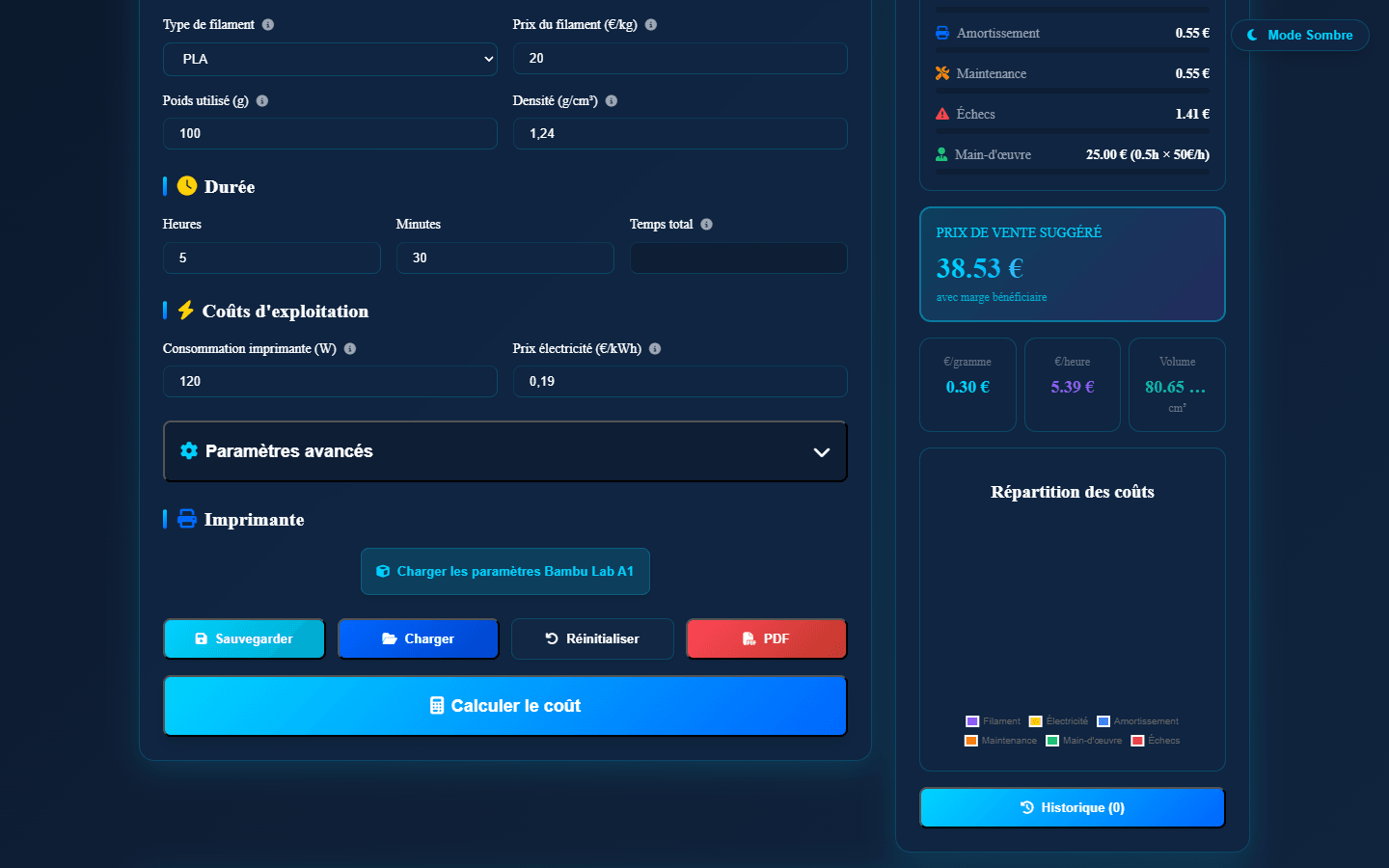 Parametres avances — duree d'impression, consommation electrique, preset Bambu Lab A1 et export PDF