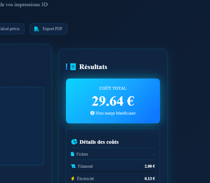 Panneau Resultats — cout total mis en valeur avec detail ligne par ligne : filament, electricite, echecs...