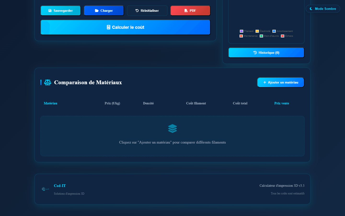 Comparaison de materiaux — tableau multi-filaments : Materiau, Prix, Densite, Cout filament, Prix vente