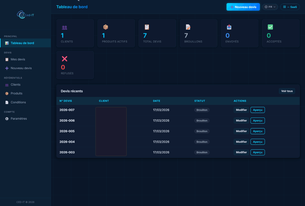 Tableau de bord — vue d'ensemble des stats (clients, produits, total devis, brouillons, envoyés, acceptés, refusés) et liste des devis récents