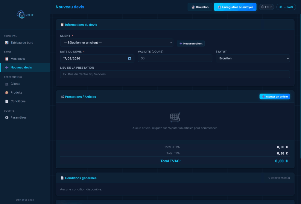Création de devis — sélection client, date, validité, statut et section prestations/articles avec calcul HTVA, TVA et TVAC automatique