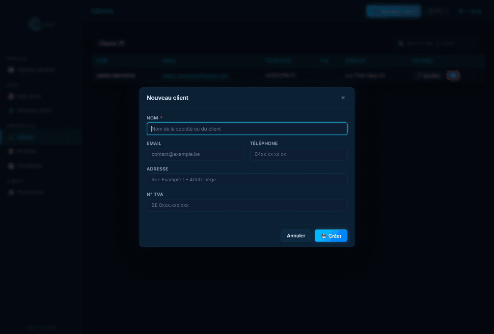 Gestion clients — modal de création avec nom société, email, téléphone, adresse et numéro de TVA belge