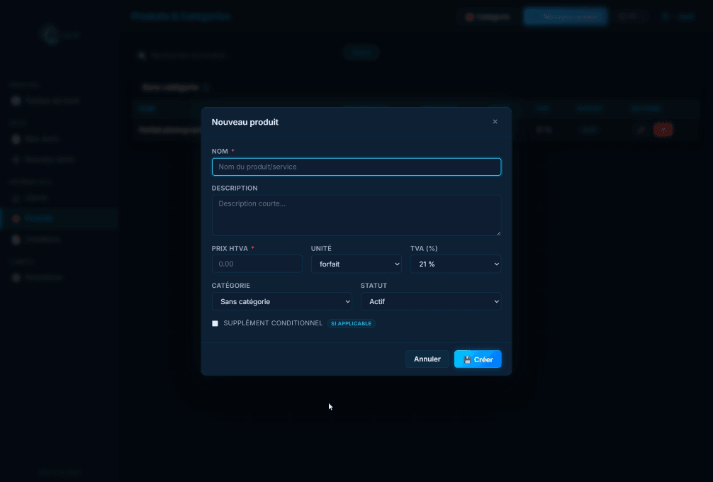 Catalogue produits — modal de création avec nom, description, prix HTVA, unité, taux TVA, catégorie et option supplément conditionnel