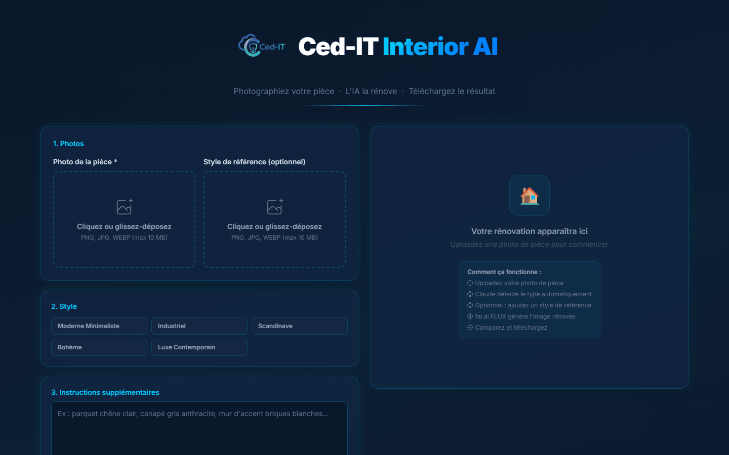 Interface principale — zone d'upload photo de pièce, style de référence optionnel et panneau de résultat à droite