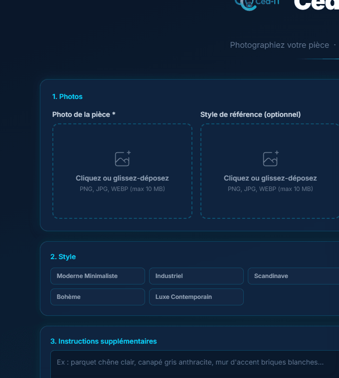 Panneau de contrôle — import photo (PNG/JPG/WEBP), 5 styles prédéfinis (Moderne, Industriel, Scandinave, Bohème, Luxe) et instructions personnalisées