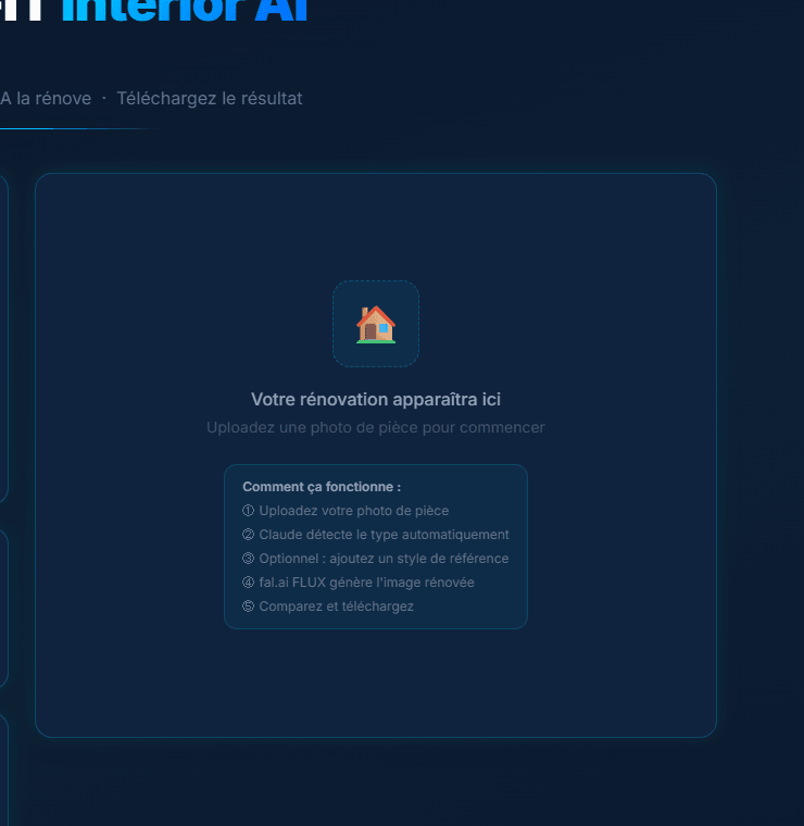 Zone de résultat — aperçu de la rénovation générée avec workflow en 5 étapes : upload → détection IA → style → FLUX → comparaison
