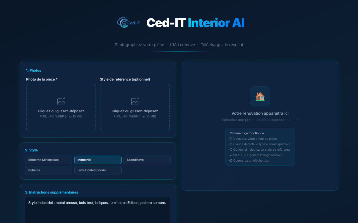 Style Industriel sélectionné — description automatique générée (métal brossé, bois brut, briques, Edison) prête à envoyer à l'IA