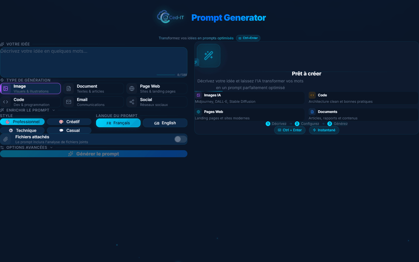 Interface complete — zone de saisie, type de generation, style, langue et apercu en temps reel