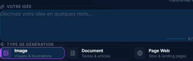 Zone de saisie — decrivez votre idee (500 car.) et choisissez le type : Image, Document, Page Web...