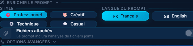 Style et langue — 4 styles (Professionnel, Creatif, Technique, Casual), choix FR/EN, fichiers joints